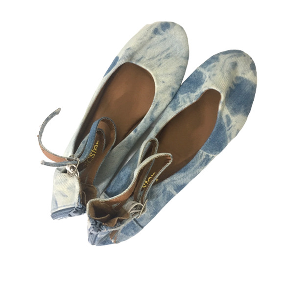 VINTAGE Acid Wash Ankle Strap Flats - Size 7 - Blue Jean Denim Stonewash Shoes - Picture 3 of 5